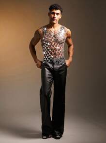 FeverCity Men's Sequin Patchwork Sexy Tank Top, 2000s Style - Silver - View 6
