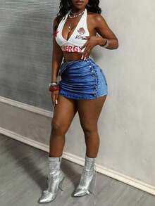 BamGleam Lässiger, sexy Party Damen Denim Rock - Mittele Waschung - Übersicht 4