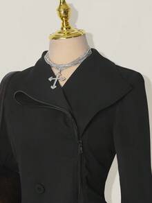 SHEIN ICON Women's Double Layer Collar Fitted Jacket Black Zip Up Jacket In Fall/Winter - Black - View 5
