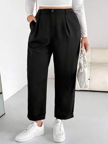 SHEIN Essnce Pantaloni neri classici a vita alta, casual, comodi e versatili, adatti per la primavera e l'autunno, ideali per l'ufficio e il tempo libero, stile semplice