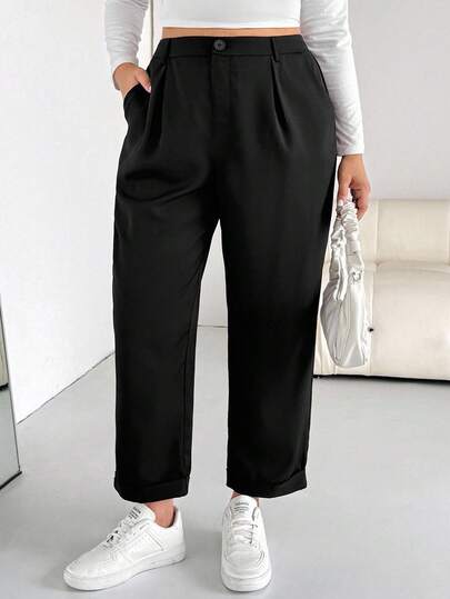 SHEIN Essnce 大码女装春秋时尚休闲宽松舒适日常基本百搭经典黑色锥形裤，女式下装，工作裤，秋季服装，简约风格