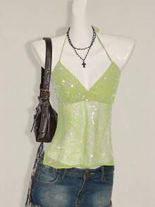 SHEIN ICON Women's Y2K Sexy Floral Lace Backless Camisole Lime Green Top Sequin Top