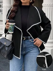 Calvaya Plus Size Autumn/Winter Fashion Color Block Trim Overcoat Fall Cloth For Women - Black - View 6