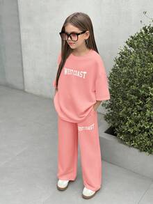 SHEIN Nova Glow 2pcs Tween Girl Set: Casual Letter Print Loose Fit Crew Neck T-Shirt + Printed Pants