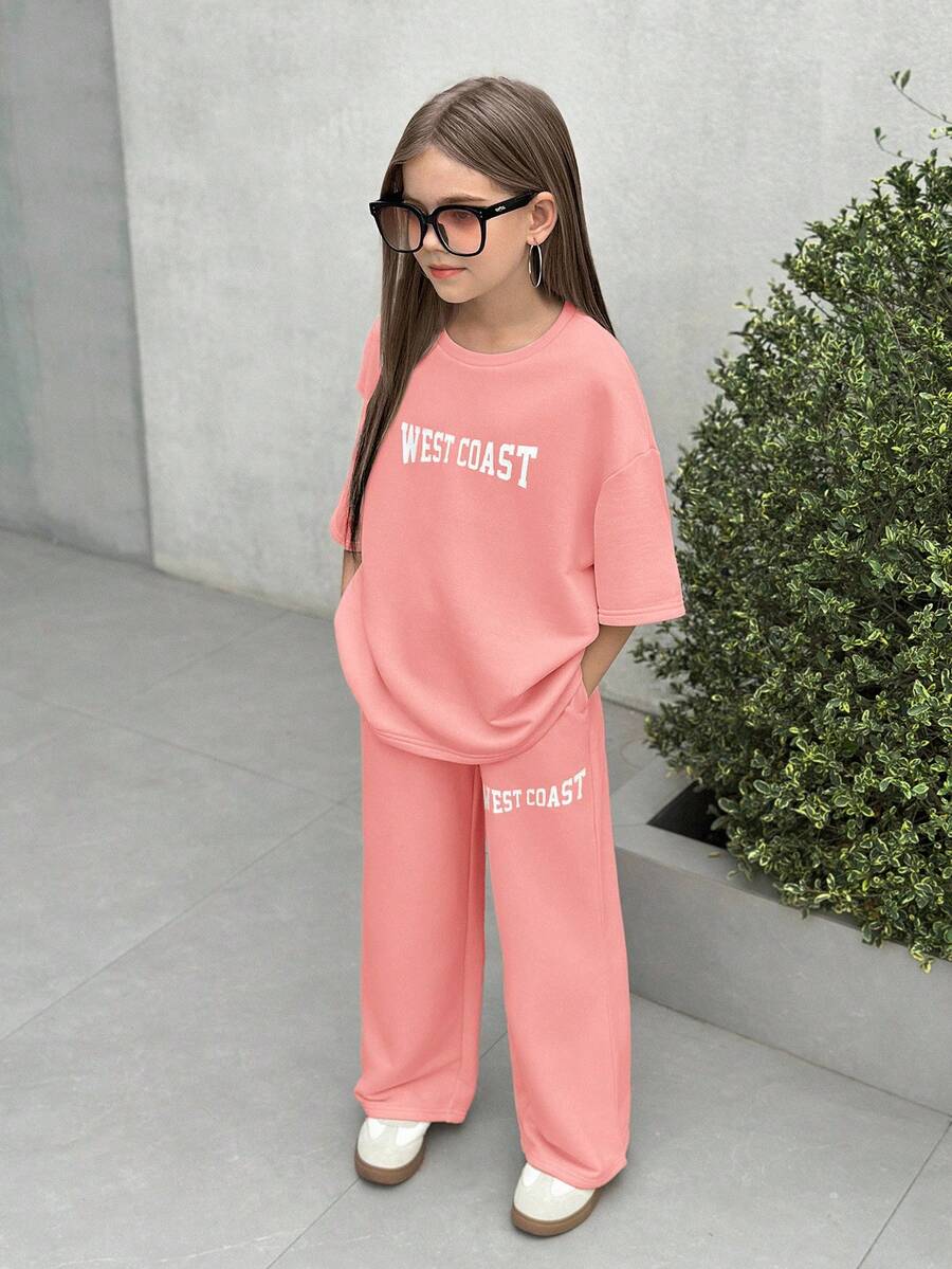 SHEIN Nova Glow 2pcs Tween Girl Set: Casual Letter Print Loose Fit Crew Neck T-Shirt + Printed Pants