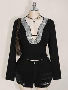 SHEIN ICON Plus Size Y2K Knit Notch Neck Hollow Out Long Sleeve Top, Sequin Decor Party Top, Date Top, Sexy Sequin Decor Top - Black - View 1