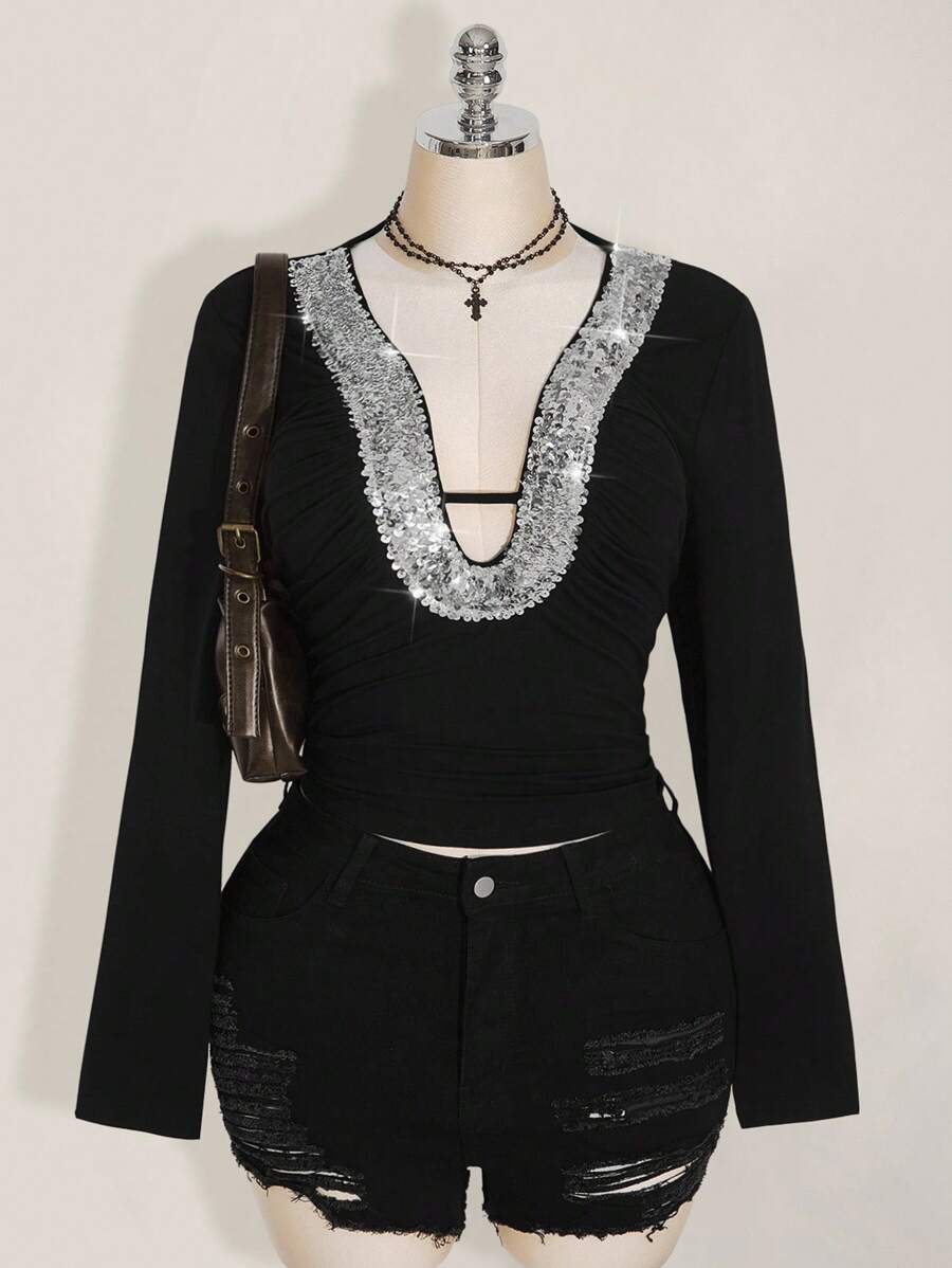 SHEIN ICON Plus Size Y2K Knit Notch Neck Hollow Out Long Sleeve Top, Sequin Decor Party Top, Date Top, Sexy Sequin Decor Top - Black - View 1