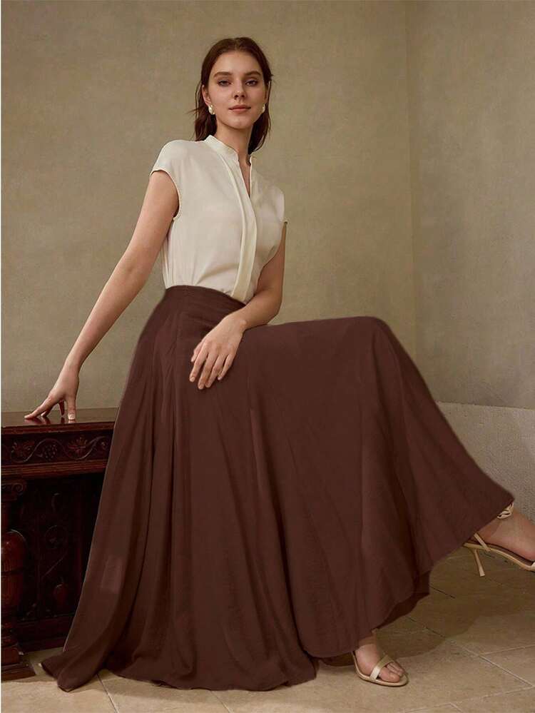 SOLID ZIPPER SIDE FLARE LONG SKIRT