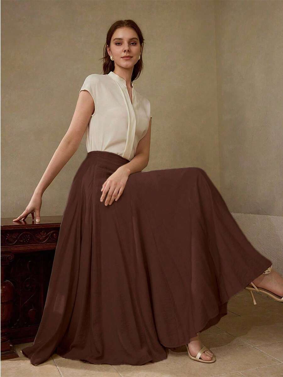 MOTF PREMIUM 纯色拉链侧喇叭长裙 - 酒紅色 - 查看 1