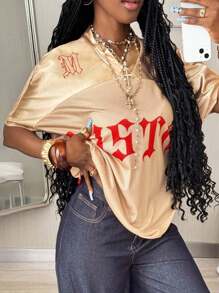 Coolane 女式夏季酷女孩街头服饰外出运动复古透气网眼图案棒球超大 V 领卡其色针织 T 恤 - 彩色 - 查看 4