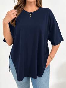 SHEIN Essnce Áo thun tay ngắn xẻ tà thời trang xuân hè rộng rãi thoải mái cho nữ cỡ lớn, kiểu dáng đơn giản, áo đi chơi, đồ mặc ở sân bay cho nữ, mùa hè châu Âu - Màu xanh hải quân - Xem 3