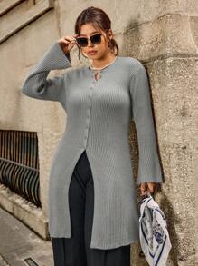 Easura كارديجان طويل مضفر بأكمام طويلة وأزرار فردية للنساء ذوات الحجم الكبير، لون أحادي