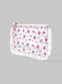 ROMWE Fairycore 透明 PVC 亮片白色蕾丝全身红色花朵图案化妆包，小巧便携收纳盒 - 彩色 - 查看 4
