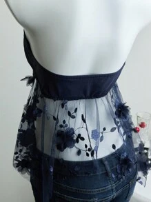 SHEIN Unity 夏季性感3D花卉装饰网眼拼布抹胸上衣 - 寶藍色 - 查看 4