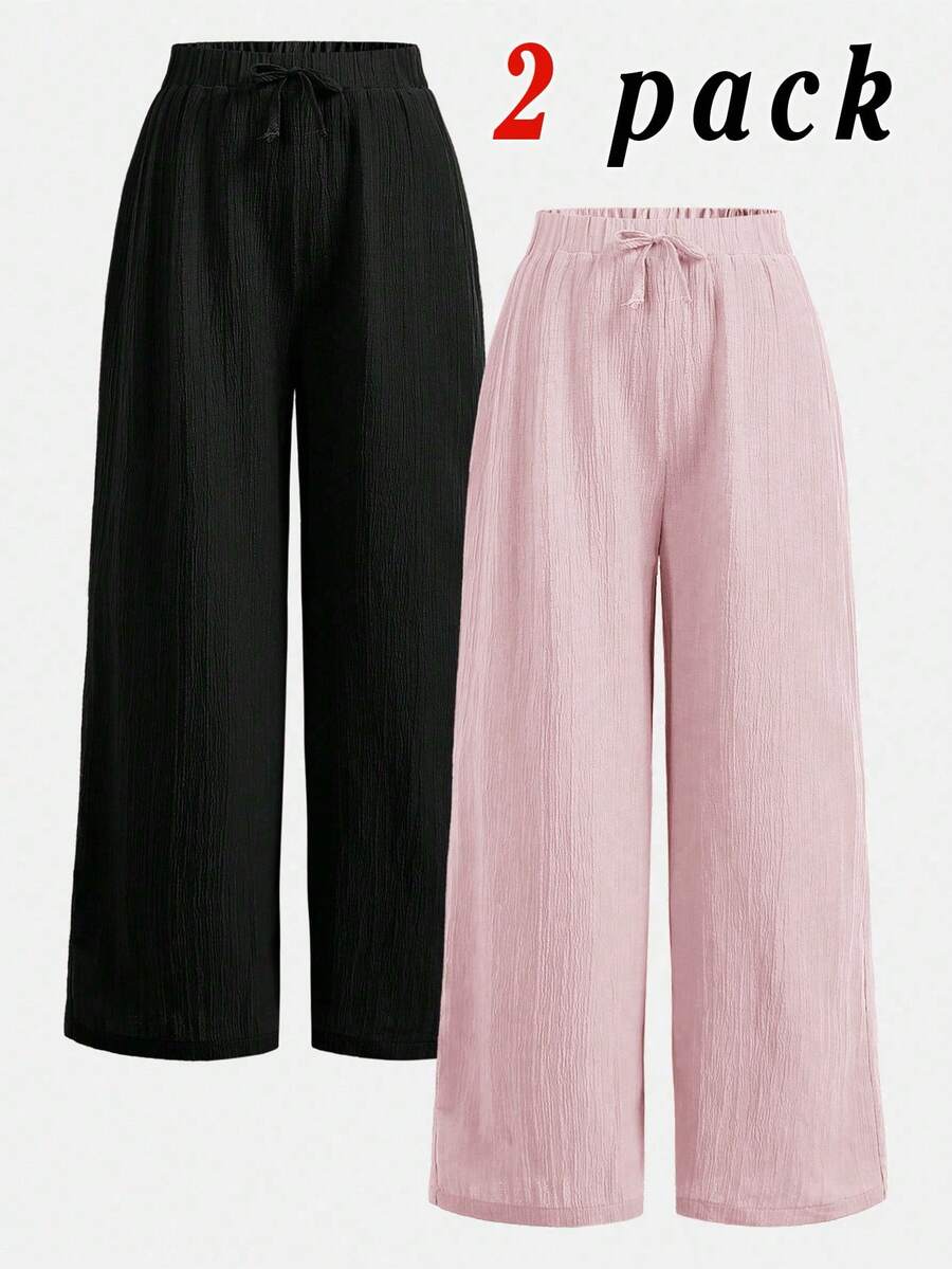 SHEIN Girlism 2pcs Tween Girls' Casual Woven Textured Bow Loose Wide Leg Pants Set, Black + Khaki, Relaxed Holiday Style, Back To School Season, Summer Pants, Drawstring Pants, Loose Pants, Pants For Summer, Wide Leg Summer Pants Fall Winter - Baby Pink - View 1