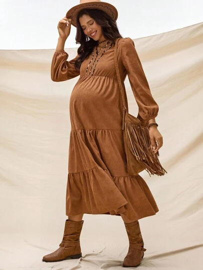 Boho Mama Autumn And Winter BOHO Maternity Solid Color Lantern Sleeve Ruffle Hem Casual Loose Dress