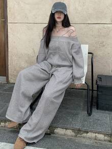 DAZY 女士露肩长袖运动衫和宽松休闲裤两件套，韩版，春秋 - 灰色 - 查看 8