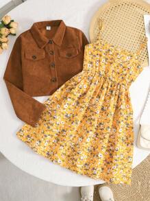 SHEIN LMoss Kids 青少年女孩休闲梭织长袖衬衫上衣和碎花吊带裙套装