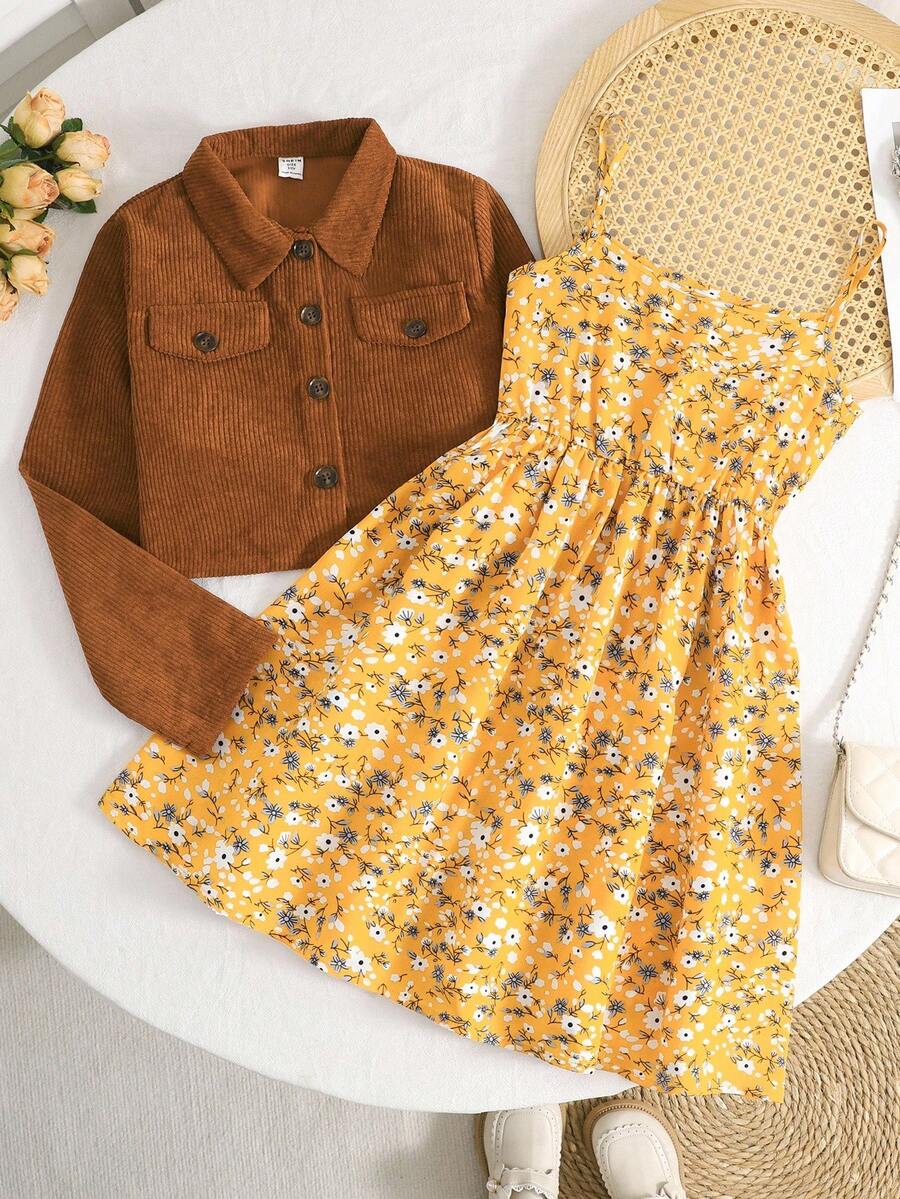 SHEIN LMoss Kids 青少年女孩休闲梭织长袖衬衫上衣和碎花吊带裙套装