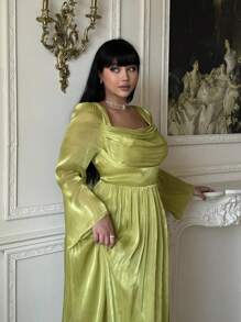 Lyrianda Plus Size Sequin Waist Fitted Long Sleeve Dress With Square Neckline Fall Cloth For Women