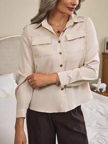EMERY ROSE Solid Collared Button Up Flap Pocket Shirt,Long Sleeve Tops - Beige - View 4
