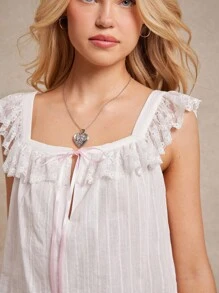 WESTFADE 100% 刺绣棉质花卉蕾丝方领蝴蝶结前褶饰吊带娃娃装上衣夏季西部乡村牛仔女郎纳什维尔音乐会早午餐波西米亚海滩度假 - 白色 - 查看 4