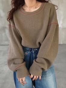 FRIFUL 女士宽松圆领插肩袖纯色撞色滚边休闲T恤，秋季长袖女款