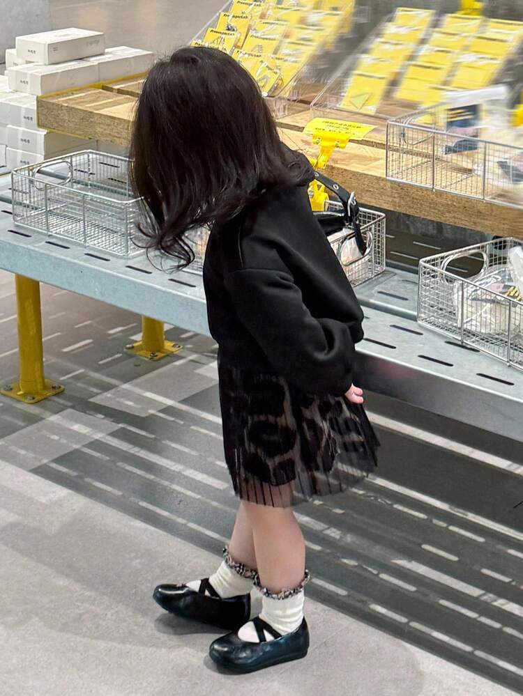 Toddler Girls' Round Neck Leopard Print Mesh Patchwork Long Sleeve Dress, Spring/Autumn