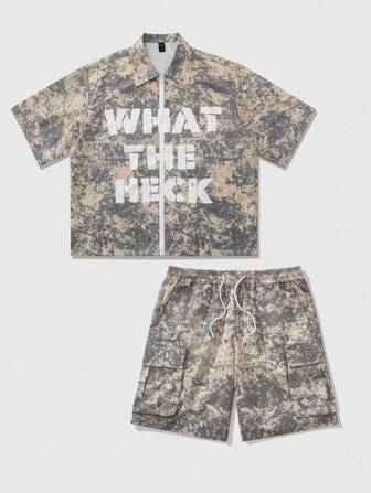 Street Life 2pcs Camo  Men's Cargo Style Large Pockets  Zip-Up Shirt With Letter Print Set