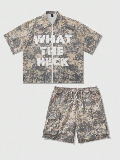 Street Life قطعتان بنطلون بطراز الحمولة + كامو، ضروري لعشاق الكامو! بنطلون ذو جيوب كبيرة + قميص مطبوع بحرف مع سحاب، جاكيت قصير الأكمام مقترن مع شورت، مناسب للخارج، التنزه في المدينة، أنيق وعملي!