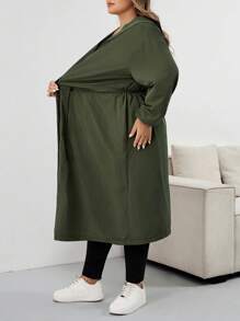 SHEIN CURVE+ 女式纯色抽绳连帽防水长袖风衣加大码连帽夹克加大码雨衣 Curve 秋季夹克 8xl 女装加大码橄榄绿夹克女装秋装、冬季、CURVE PLUS 秋冬 - 軍綠色 - 查看 5