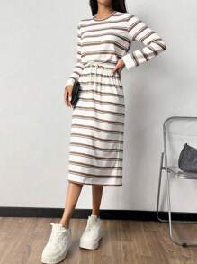 Pariaura 2025 Autumn New Collection: Women's Timeless Striped Dress – Round Neck For Effortless Grace, Cinched Waist To Flatter Curves, Adjustable Side Ties For Custom Fit, Flowing Long Silhouette (Mid-Calf To Ankle) With Elegant Allure. Perfect For Daily Outings, Workdays, Or Romantic Dates. Fall Cloth For Women