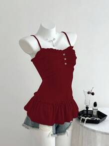 Elamini Women's Casual Camisole Top With Ruffle Trim And Front Pleats