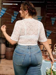 SHEIN Frenchy 加大码优雅简约蕾丝纯色方领衬衫，适合啤酒节、连衣裙 - 白色 - 查看 2