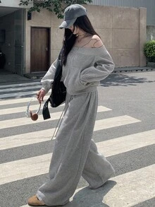 DAZY 女士露肩长袖运动衫和宽松休闲裤两件套，韩版，春秋 - 灰色 - 查看 6