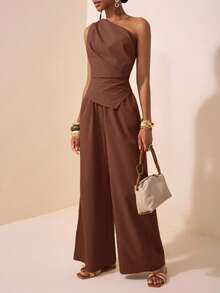 Zivah 2025夏季新款音乐节复活节母亲节婚礼生日派对日常出游基础百搭休闲网红爆款优雅通勤商务休闲一字肩百褶收腰不对称下摆女上衣直筒裤卡其色女两件套 - 棕色 - 查看 5