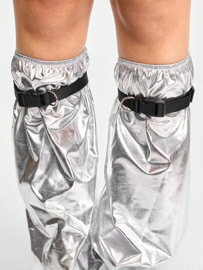 Grunge Punk 1 Pair Silver Leg Warmers + 1 Pair Black Leg Rings, Sexy Leg Accessories Set For Women