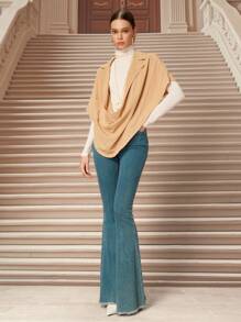 SHEIN Unity Women's Solid Color Lapel Collar Batwing Sleeve Unique Fashion Cape Top - Khaki - View 6