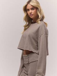 MUSERA 短款条纹长袖圆领宽松T恤，复古乡村风，清新甜美，适合休闲夜晚居家穿着，奶油糖色，优雅春夏假日风情 - 彩色 - 查看 2