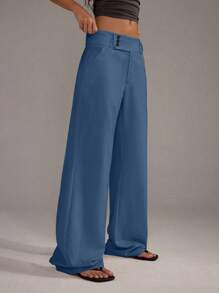 TRNVIE Quần ống đứng lưng thấp màu trơn đơn giản đa năng - Màu xanh lam - Xem 5