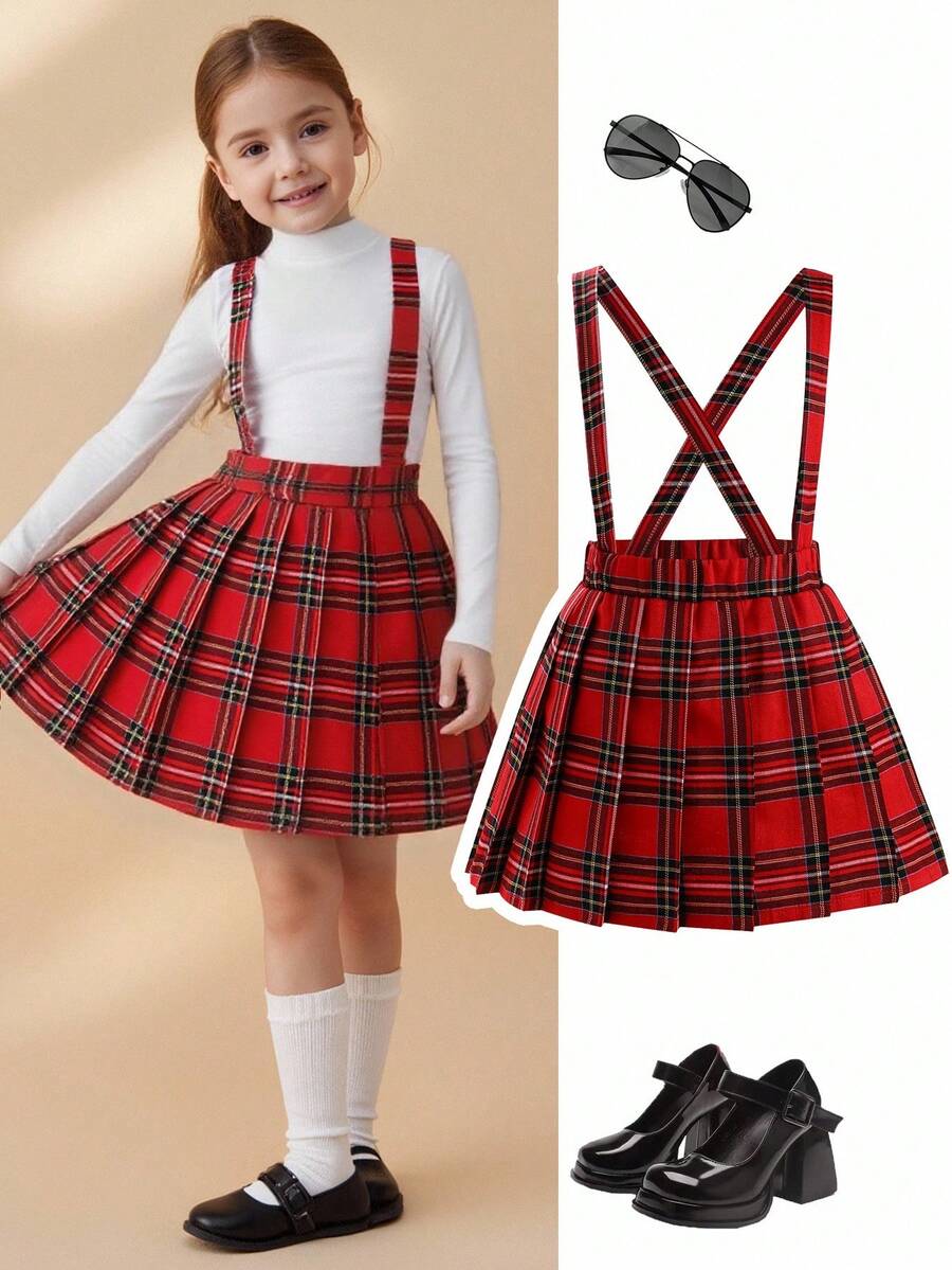 Elladie kids Young Girls' Black & Red Plaid A-Line Pleated Suspender Skirt, Classic Retro Suspender Design Adds Childlike Innocence And Playfulness, Pleated Midi Suspender Skirt, Spring/Autumn Girls Red Plaid Skirt Set Cute School Clothes School Girl Clothes Girls Suspender Skirt Fall Winter - Red - View 1