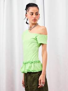 COUREZ Short Sleeve Off Shoulder Jersey Top With Frill Hem /Y2K Fall Women Clothes Fall Clothes Cute Tops Fall Tops Going Out Tops Going Out Outfits Sexy Vacation