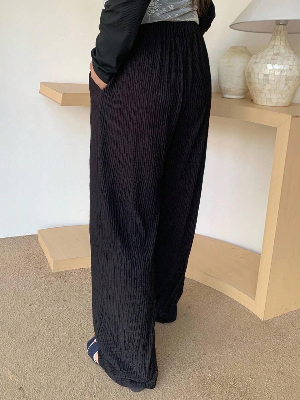 Dazy Plus Plus Size Women Elastic Waist Ribbed Loose Straight Leg Black Casual Pants, Autumn