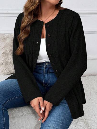 Plus Size Women Twist Pattern Long Sleeve Single Breasted Casual Black Cardigan Winter Fall Autumn, For Woman