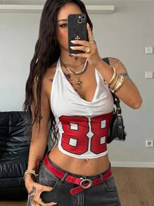 Coolane 女式夏季音乐会 Y2K 街头运动休闲透气网眼图案数字白色修身露背短款上衣 - 白色 - 查看 3