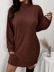 SHEIN Frenchy Casual Minimalist Turtleneck Ribbed Brushed Dress, Plus Size, Suitable For Leisure And Home, Autumn/Winter,Fall Clothes For Women - Coffee Brown - View 5