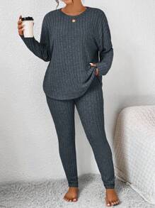 SHEIN Frenchy Plus Size Women's Solid Color Round Neck Drop Shoulder Long Sleeve Ribbed T-Shirt And Pants Casual 2 Pieces Set,Fall Clothes For Women - Dark Grey - View 5