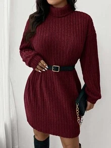 SHEIN Frenchy 休闲简约高领罗纹拉绒连衣裙，加大码，适合秋冬休闲居家穿着 - 酒紅色 - 查看 6