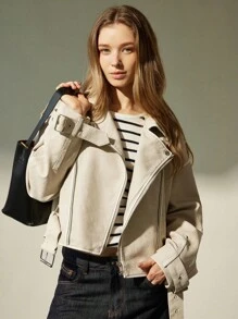 Aveloria Modichic 新款时尚休闲别致简约高端拉链领夹克，PU 皮革摩托车设计 - 米色 - 查看 5