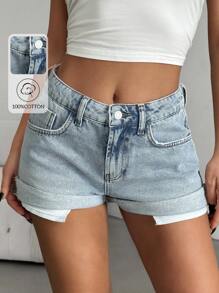 EURMUSE WOMEN LOW WAIST MINI FOLDED UP SHORT Womens Shorts Women S Outfits Woman S Summer Clothes Women S Clothes Women S Bottoms Women Summer Sets - Medium Wash - View 1